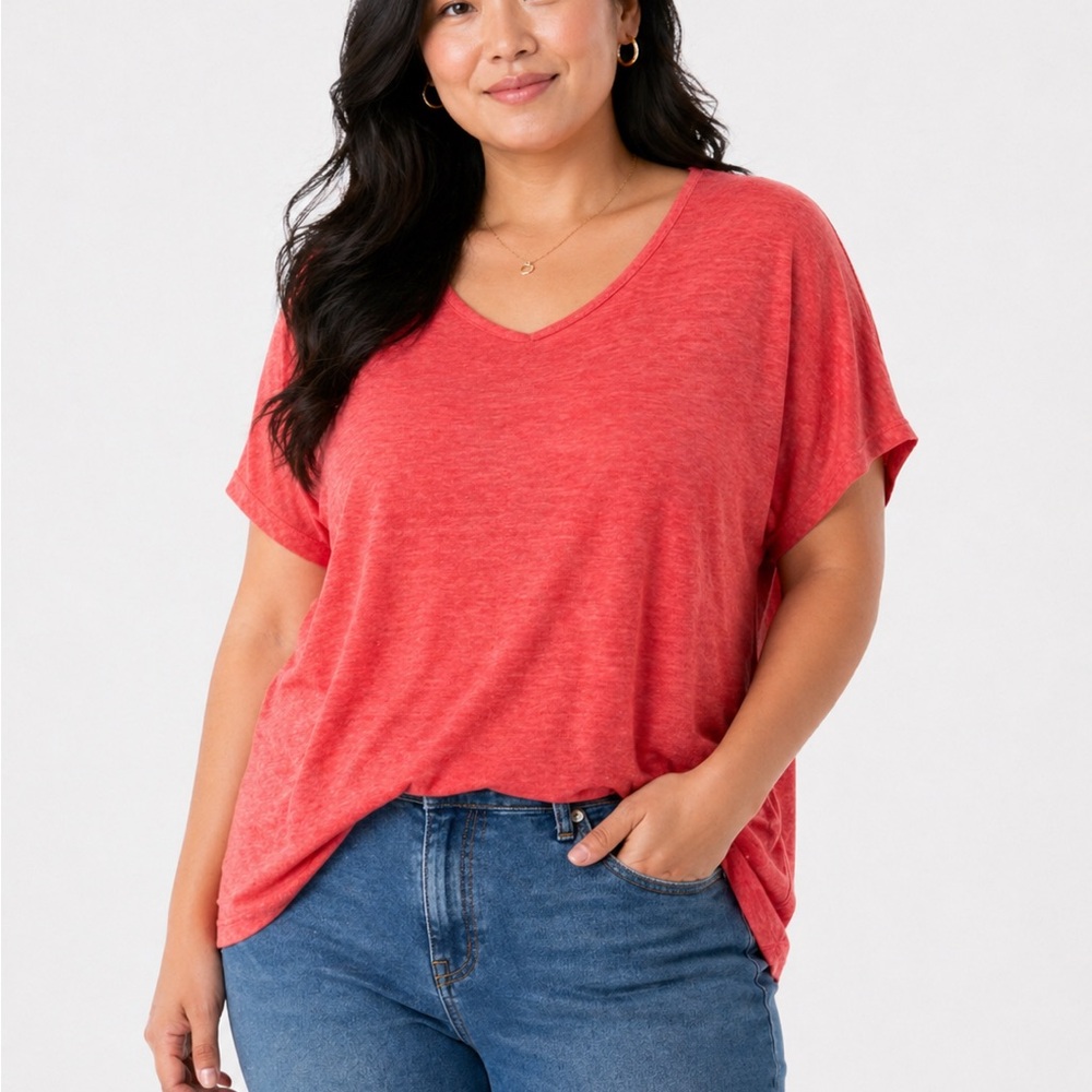 C&C California 100% linen Heathered Coral V-Neck Short Sleeve Tee L